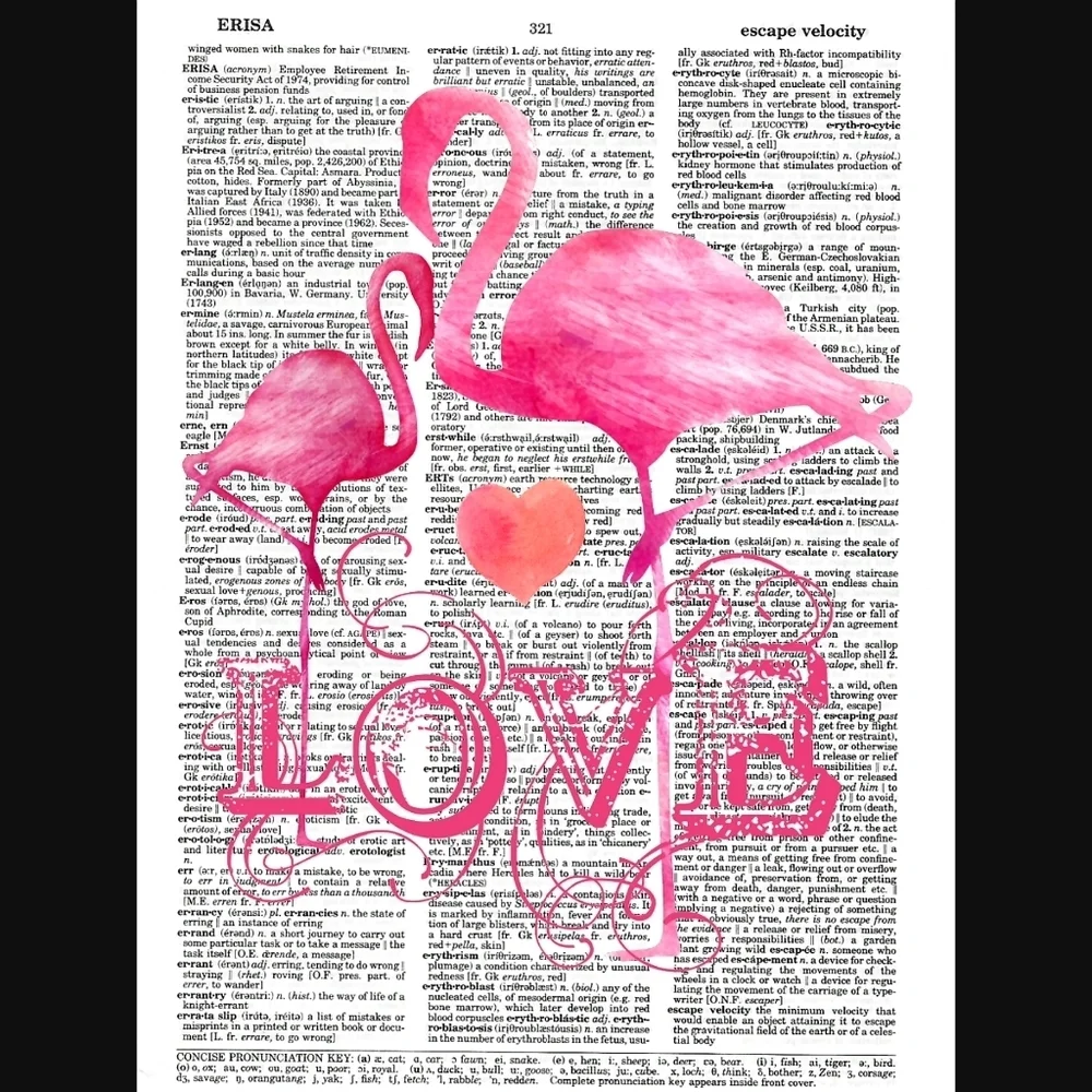 Flamingo Love Tropical Vintage Book Page Print